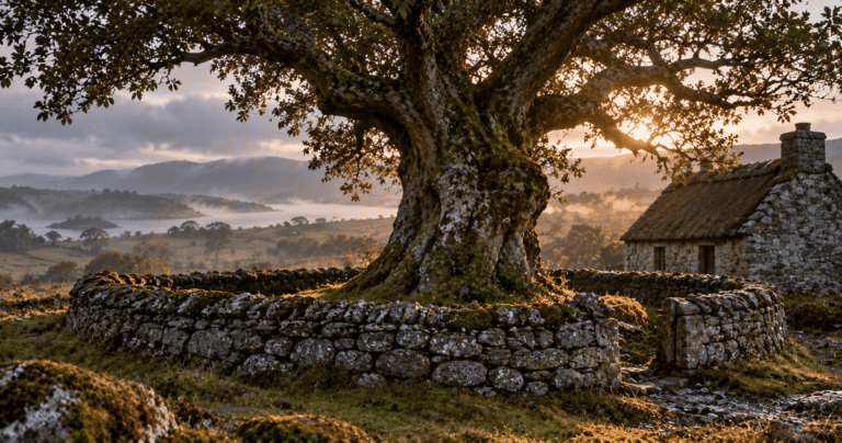 An ancient tree standing beside a traditional Irish cottage within a circular stone wall.