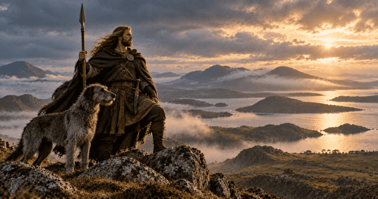 Fionn mac Cumhaill standing with a spear and hound on a rocky hill above a misty Irish landscape.