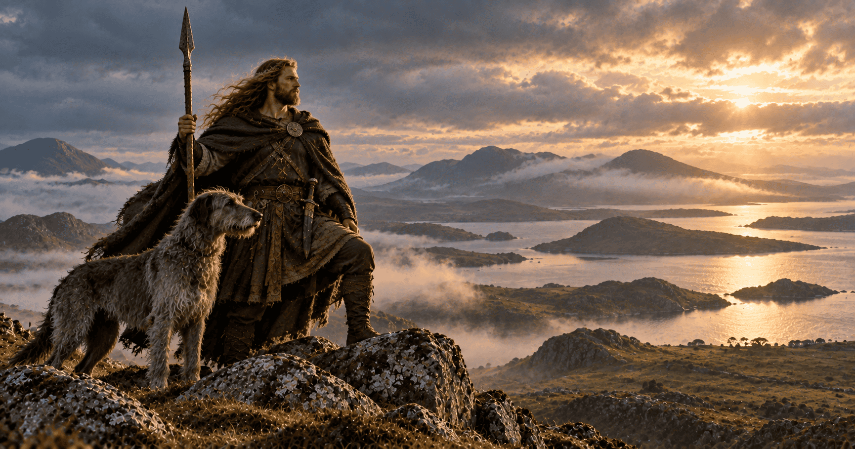 Fionn mac Cumhaill standing with a spear and hound on a rocky hill above a misty Irish landscape.