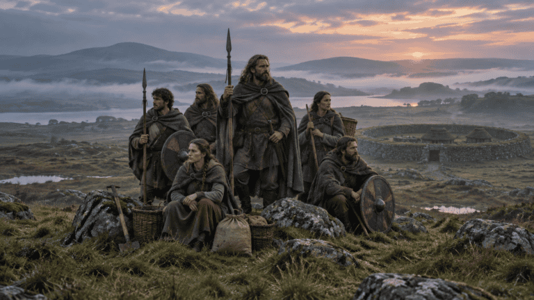 A group of Fir Bolg settlers with spears, shields, baskets, and supplies stand on a rocky hillside above a ringfort at dawn.
