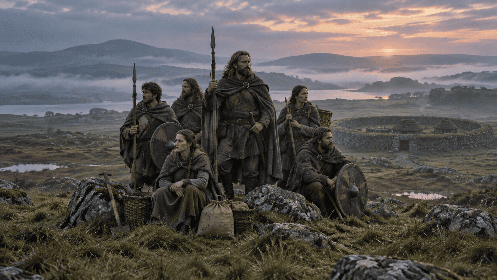 A group of Fir Bolg settlers with spears, shields, baskets, and supplies stand on a rocky hillside above a ringfort at dawn.