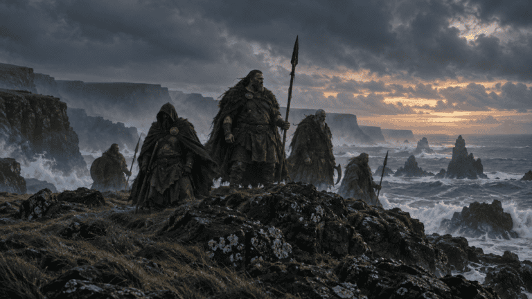 A group of dark-clad Fomorian warriors stand on a rocky Atlantic coast beneath heavy storm clouds.