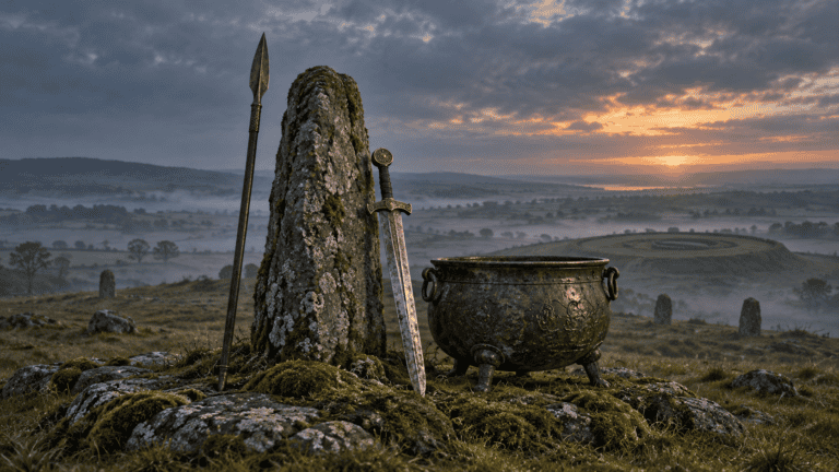 The Lia Fáil stands beside Lugh’s spear, Nuada’s sword, and the Dagda’s cauldron on a misty Irish hillside.