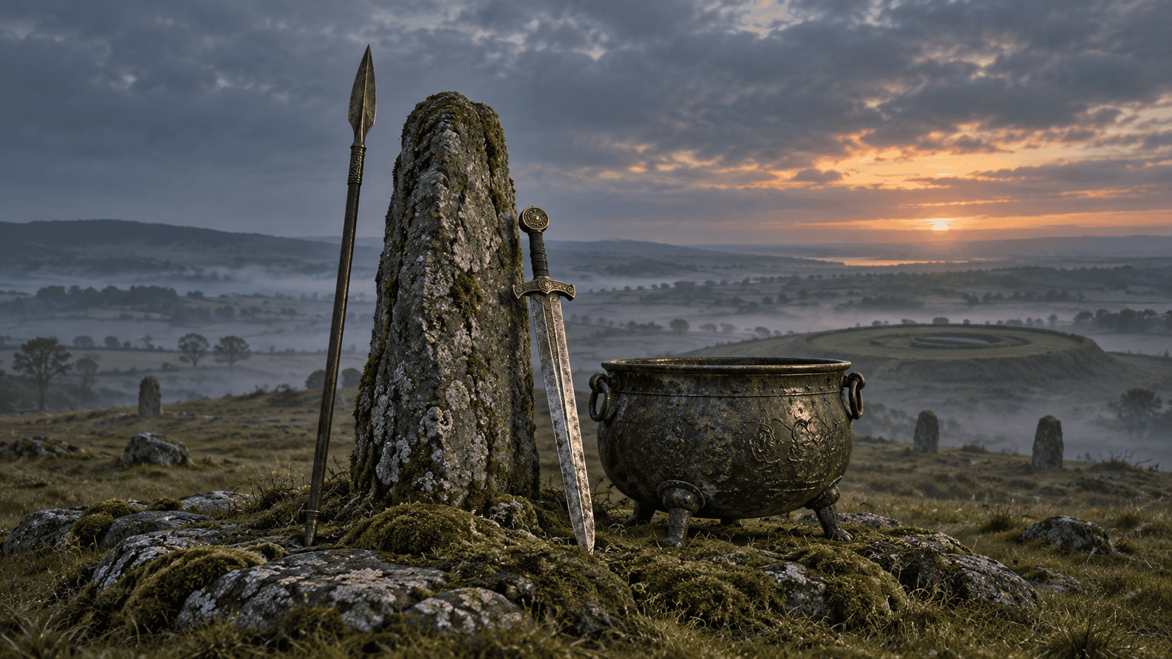 The Lia Fáil stands beside Lugh’s spear, Nuada’s sword, and the Dagda’s cauldron on a misty Irish hillside.