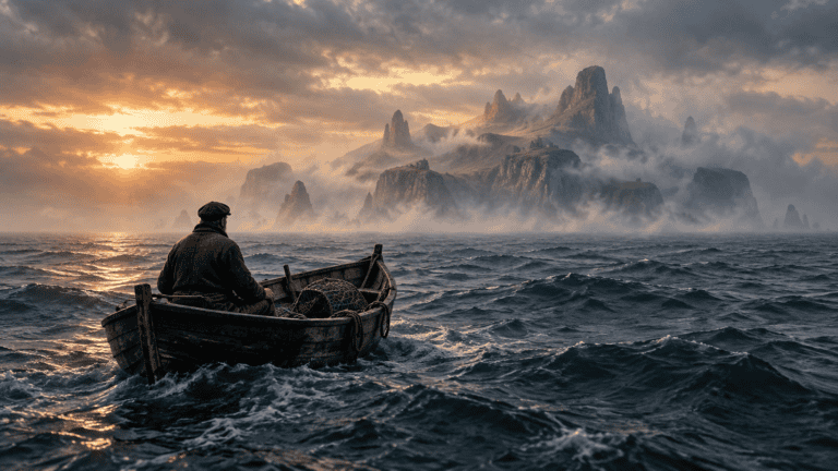 A lone fisherman in a small wooden boat looking toward a mist-covered island rising from the Atlantic.