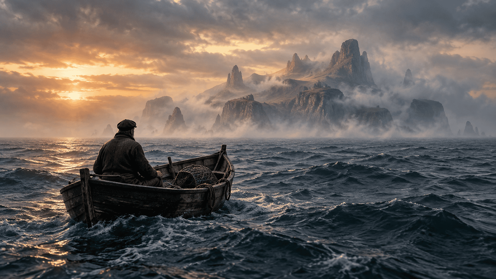 A lone fisherman in a small wooden boat looking toward a mist-covered island rising from the Atlantic.