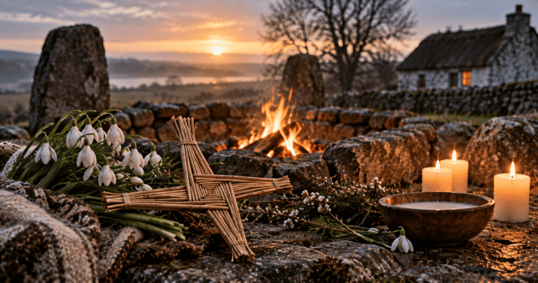 A St. Brigid’s cross, snowdrops, candles, and a small fire arranged beside a traditional Irish cottage at dusk.