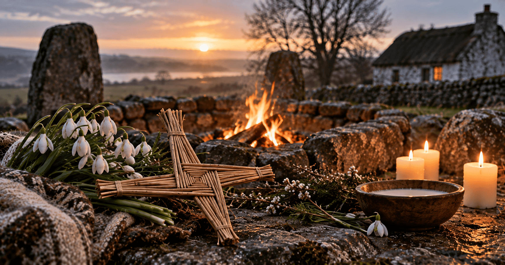 A St. Brigid’s cross, snowdrops, candles, and a small fire arranged beside a traditional Irish cottage at dusk.