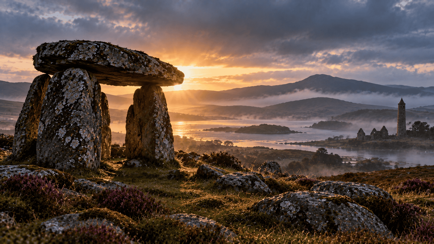 An ancient stone dolmen overlooking a misty Irish landscape with a round tower in the distance.