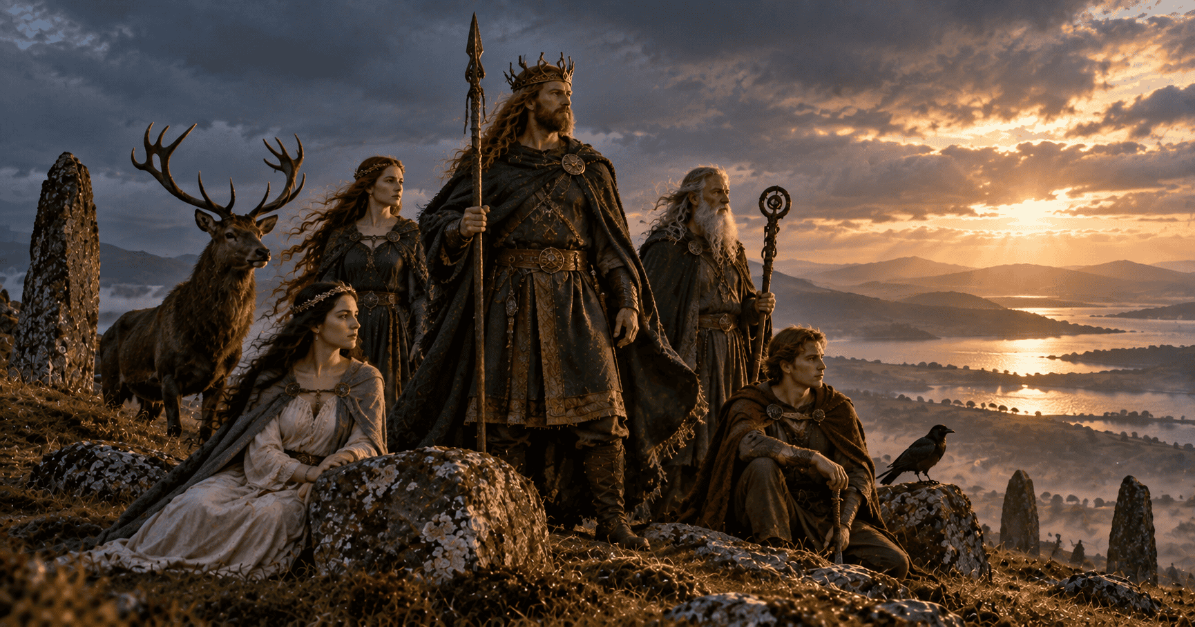 A group of noble Irish gods and mythic figures standing on a rocky hill above a misty landscape.