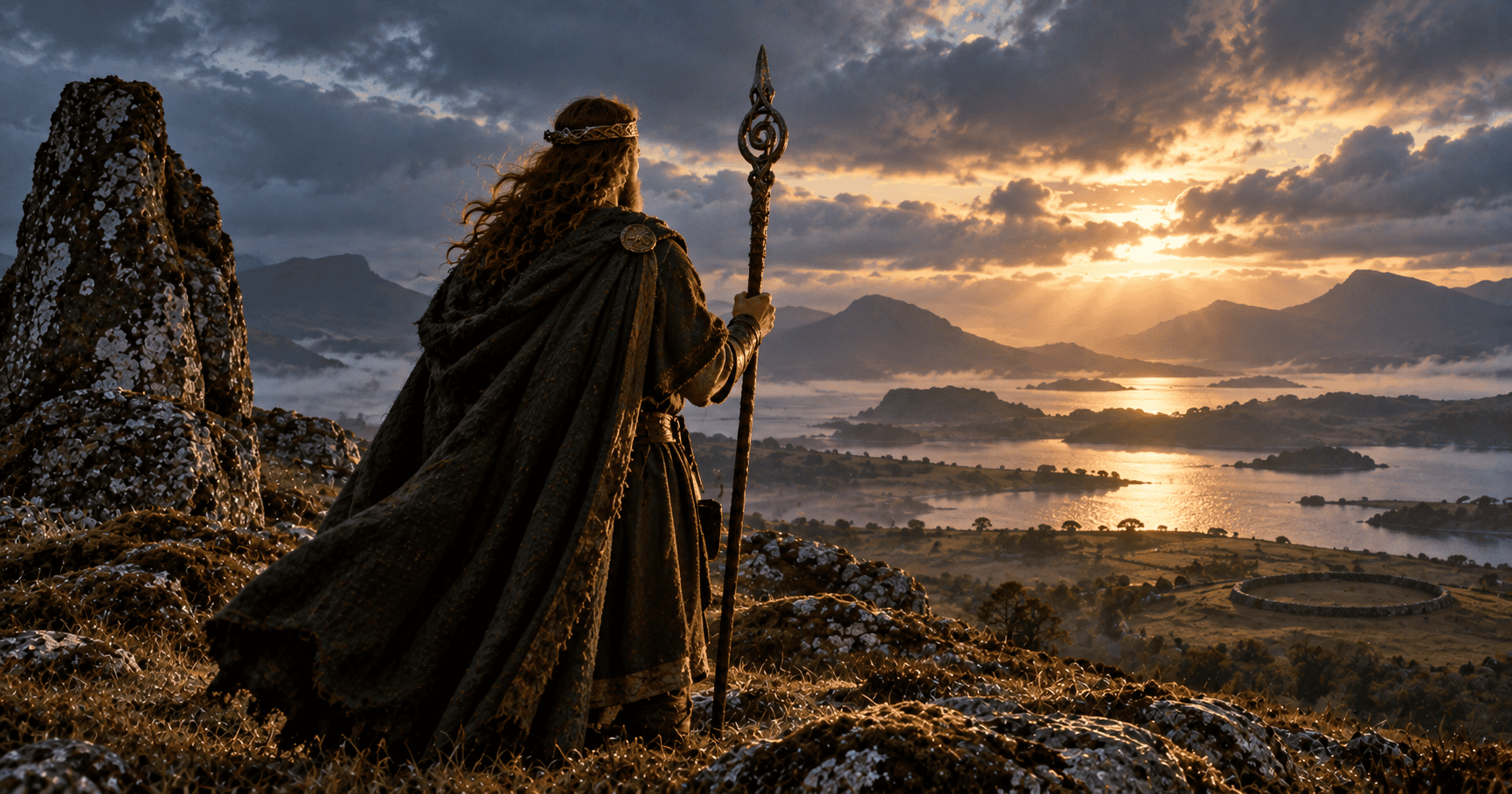 A cloaked figure holding a staff on a rocky hill above a misty Irish landscape with a ringfort below.