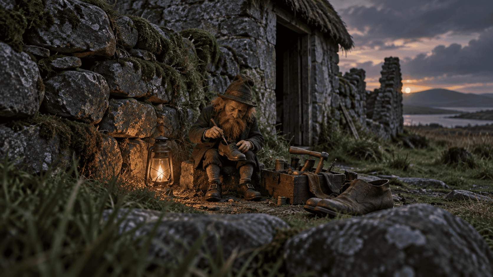 A tiny leprechaun repairing a leather shoe beside a lantern and mossy stone ruins at dusk.
