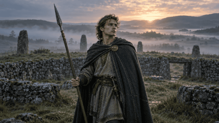Lugh stands with a spear among ancient stone ruins at dawn, with misty hills and water in the distance.