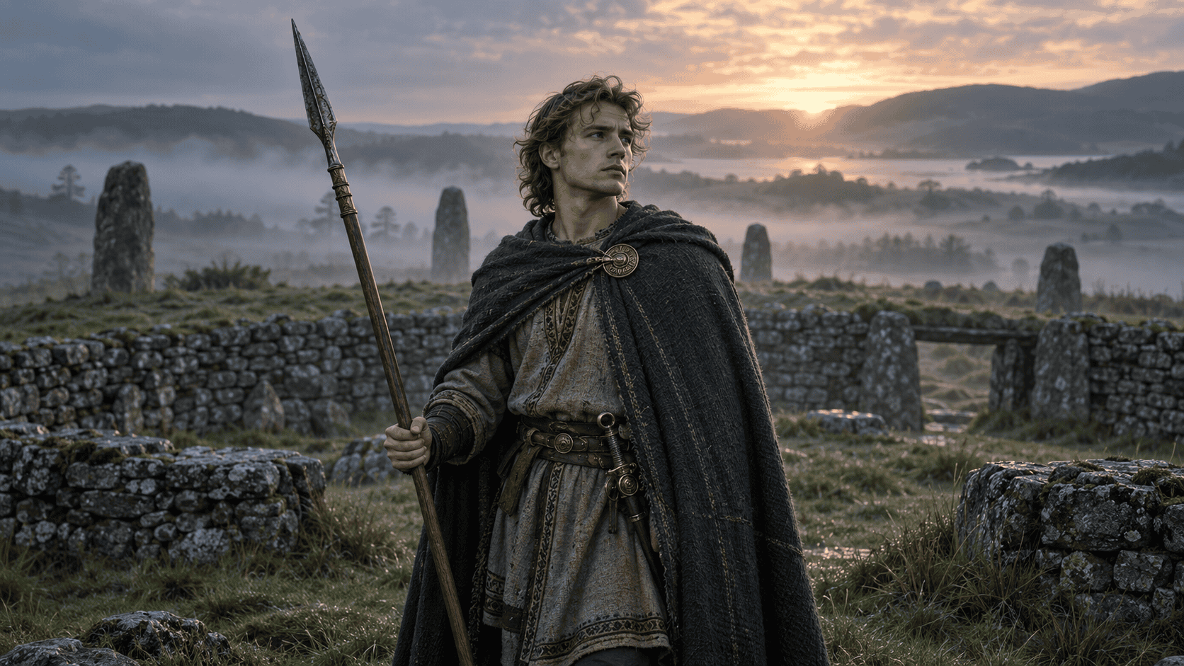 Lugh stands with a spear among ancient stone ruins at dawn, with misty hills and water in the distance.