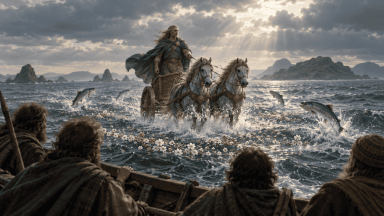 Manannán mac Lir drives a horse-drawn chariot across the sea toward a boat of astonished sailors, with salmon leaping from the waves and flowers scattered across the water.
