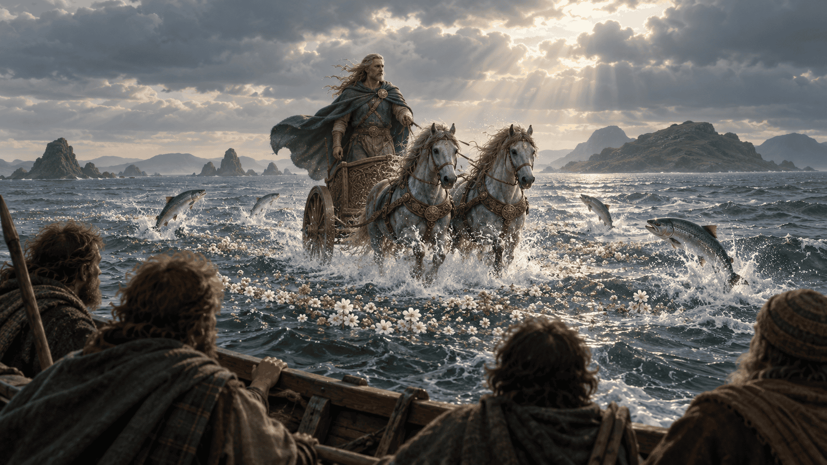 Manannán mac Lir drives a horse-drawn chariot across the sea toward a boat of astonished sailors, with salmon leaping from the waves and flowers scattered across the water.