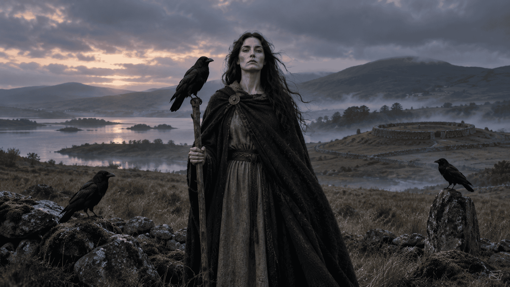 The Morrígan standing with black ravens in a misty Irish landscape at dusk.