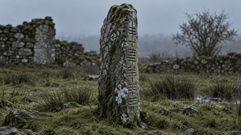 A weathered Ogham stone standing in a damp Irish field beside old stone walls.