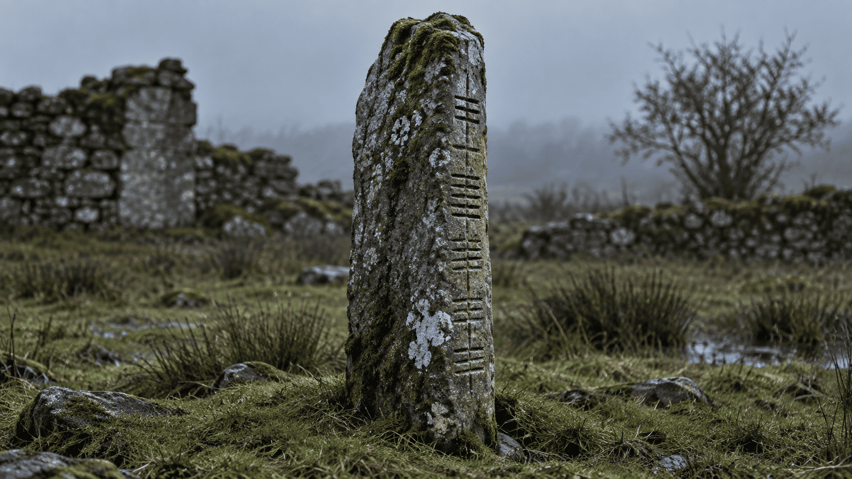 A weathered Ogham stone standing in a damp Irish field beside old stone walls.