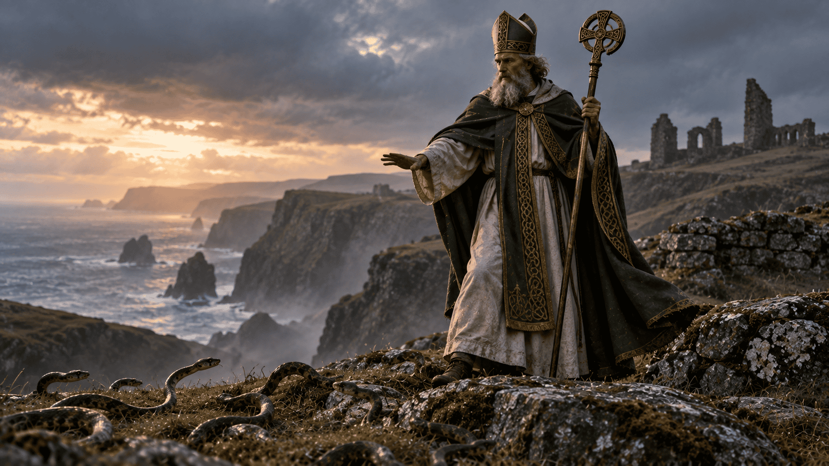Saint Patrick standing on a rocky Irish coast as snakes retreat across the ground.