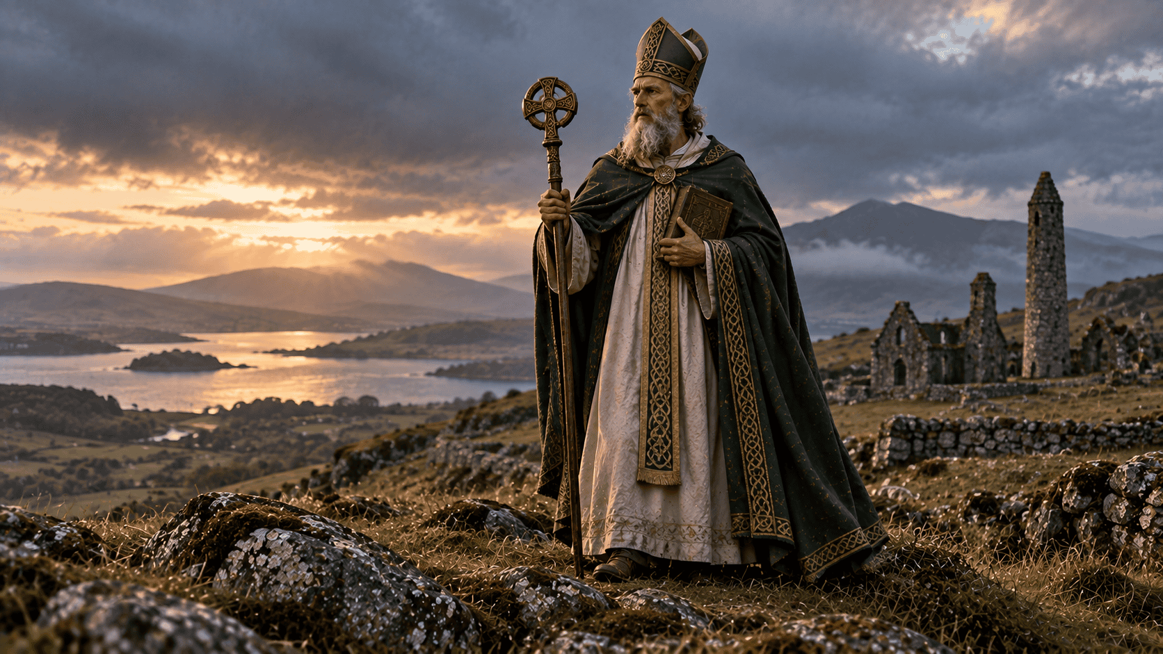 Saint Patrick standing with a staff and book in a misty Irish landscape beside early Christian ruins.