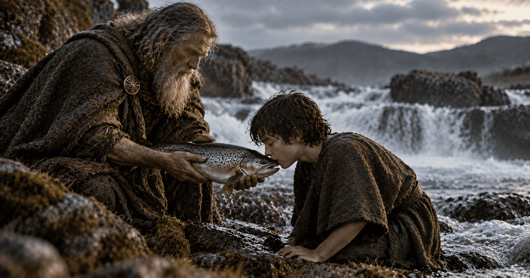 The young Fionn mac Cumhaill beside the poet Finnegas as they hold the Salmon of Knowledge by a rushing river.