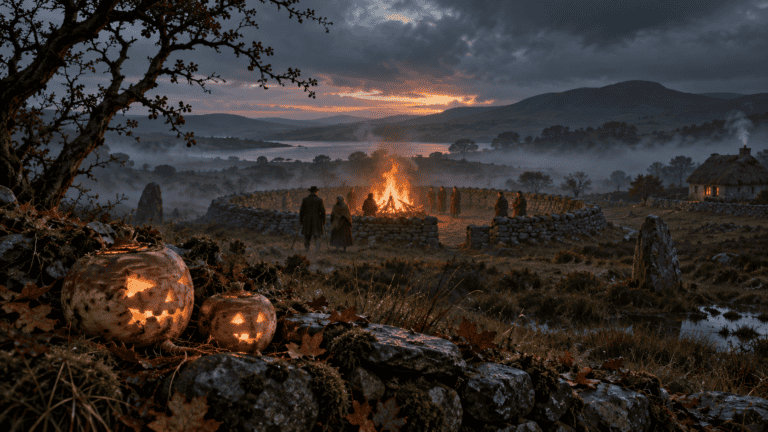 Carved turnip lanterns overlooking a Samhain bonfire gathering in a misty Irish landscape at dusk.