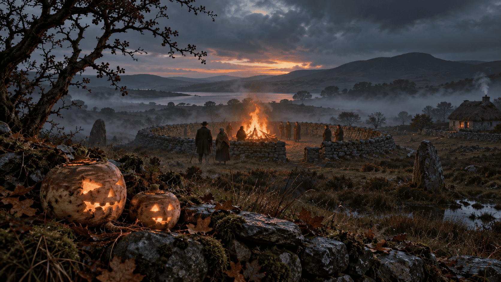 Carved turnip lanterns overlooking a Samhain bonfire gathering in a misty Irish landscape at dusk.