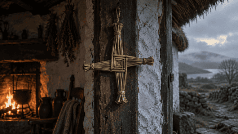 A St. Brigid’s cross made from rushes hanging on the wooden doorway of a traditional Irish cottage.