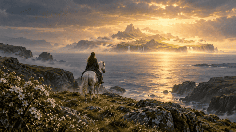 Oisín riding a white horse toward a glowing island across the sea.